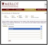 Screenshot of MERLOT "contribute a material" page with arrow indicating the select a category option and the subcategory selected