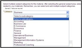 Screenshot of MERLOT "contribute a material" page with arrow indicating the select a sub-category option
