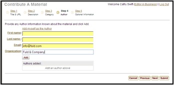 Screenshot of MERLOT "COntribute a Material" page with arrow indicating "add" button to add information about an author