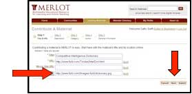 Screenshot of Merlot "contribute a Material" page with arrow indicating where user can paste an image location from another website