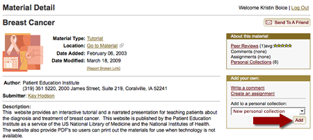 screenshot of MERLOT Personal Collection page with arrow pointing to "add personal collection"